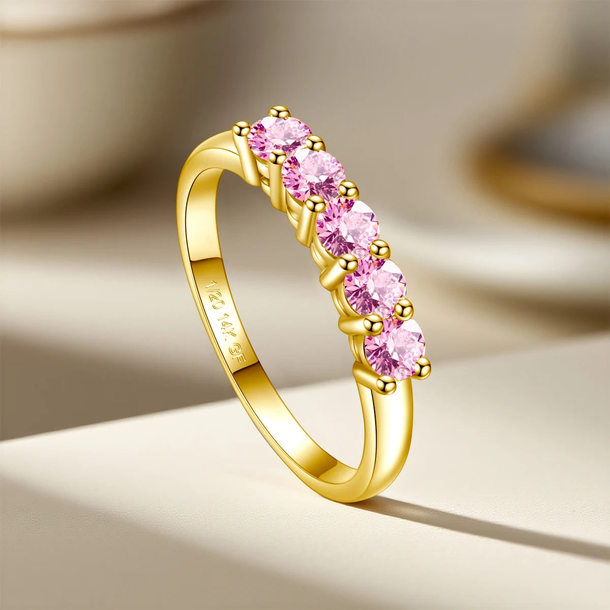 14K Gold Filled Pink Moissanite Rings 5 Stone D VVS1 for Women Man with 1/20th 14 Karat Gold Engagement Wedding Jewelry