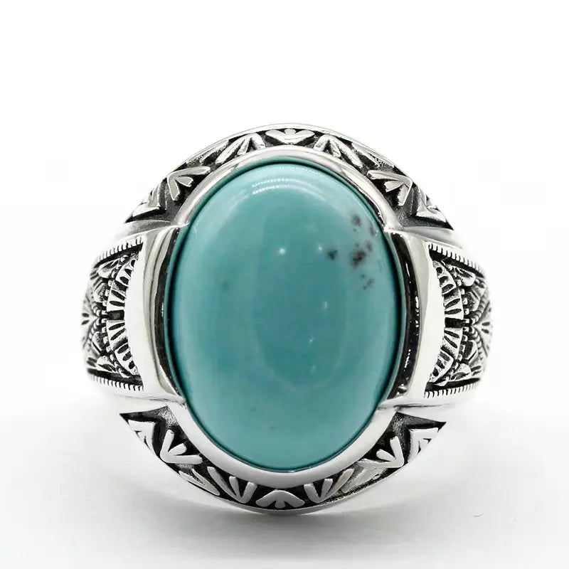 S925 Sterling Silver Inlaid Oval Turquoise Stone Men's Ring Turkish Jewelry Everyday Wear Holiday Gift
